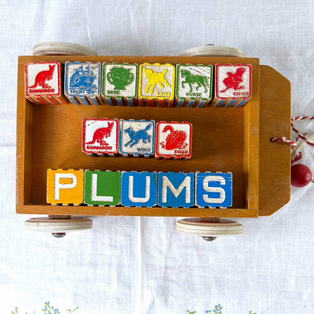 Vintage Heros Wooden Pull Wagon with Alphabet and Animal Blocks German Toy
